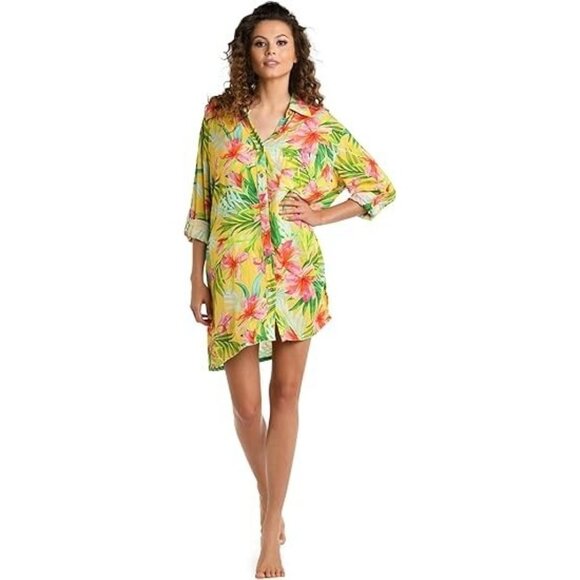NEW La Blanca Calypso Button-Up Cover-Up Shirt Yellow Multi SIZE S/100%AUTHENTIC - Picture 3 of 4